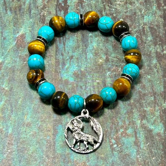Handmade Wolf Charm Bracelet with Tiger Eye & Turquoise! - Picture 4 of 6